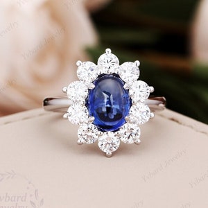 7*9mm Oval Cabochon Lab Created Blue Sapphire Engagement Ring,14K/10K Solid Gold Bridal Ring,Moissanite Halo Ring For Women,Anniversary Ring