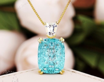 13.5CT Green Spinel Gold Pendant Necklace Unique Honeycomb Cut Gemstone Pendant 925 Silver White Sapphire Necklace Charm Wedding Jewelry