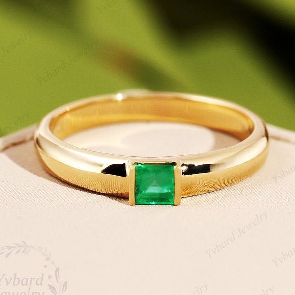 3*3mm Natural Emerald Anniversary Band, 14K Solid Yellow Gold Wedding Ring, Minimalist Solitaire Gemstone Ring, Unisex Adults Promise Ring