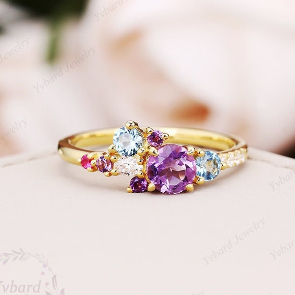 Colored Multi Gemstone Cluster Ring Natural Amethyst Ring Solid Gold Engagement Ring Bridal Ring Art Deco Wedding Ring Unique Promise Ring