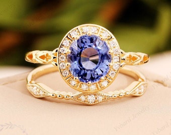 Natural Light Tanzanite Bridal Sets 14K Solid Yellow Gold Engagement Ring Set Moissanite Halo Wedding Ring Gemstone Ring Anniversary Ring