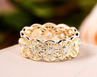 Moissanite Engagement Ring Yellow Gold Full Eternity Wedding Band Unique Art Deco Flower Dainty Ring Anniversary Promise Ring Gift For Her