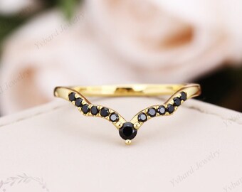 Curved Black Gemstone Stacking Ring Round Cut Natural Black Sapphire Wedding Ring Matching Wedding Band Solid Yellow Gold Anniversary Ring
