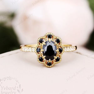 5*7mm Natural Black Sapphire Engagement Ring Vintage Diamond Solid Gold Ring Unique Classic Halo Ring Milgrain Ring Anniversary Promise Ring