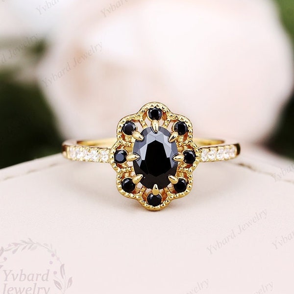 5 * 7 mm Anillo de compromiso de zafiro negro natural Anillo de oro sólido de diamante vintage Anillo de halo clásico único Anillo de halo clásico Anillo de aniversario Anillo de promesa