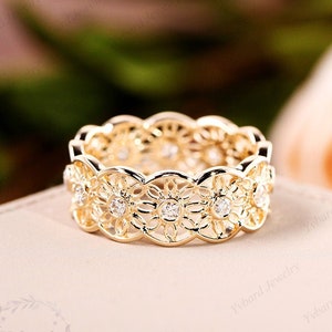 Moissanite Engagement Ring Yellow Gold Full Eternity Wedding Band Unique Art Deco Flower Dainty Ring Anniversary Promise Ring Gift For Her