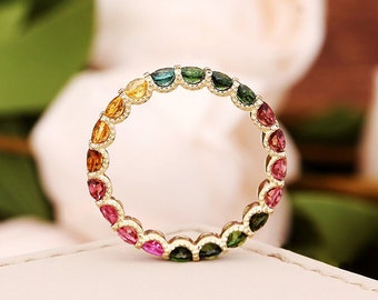Natural Tourmaline Wedding Ring, Dainty Rainbow Ring for Women, 14K Yellow Gold Full Eternity Band Ring Multi Gemstone Ring Anniversary Ring