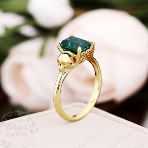 Antique Skull Ring Lab Created Emerald Engagement Ring Solid Gold Solitaire Ring For Women Art Deco Ring Hidden Lab Ruby Ring Halloween Ring