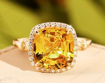 Cushion Cut 5CT Natural Citrine Ring, 14K Yellow Gold Engagement Ring, Gemstone Jewelry, Bridal Wedding Ring, Delicate Ring, November Ring