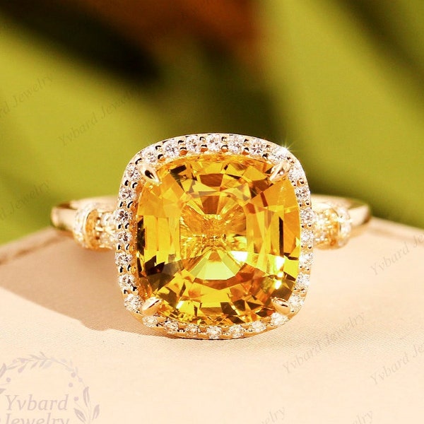 Cushion Cut 5CT Natural Citrine Ring, 14K Yellow Gold Engagement Ring, Gemstone Jewelry, Bridal Wedding Ring, Delicate Ring, November Ring