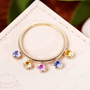 Rainbow Sapphire Ring 14k Yellow Gold Natural Multi Colored Sapphire Stone Ring Unique Gemstone Ring Bridal Promise Anniversary Gift For Her
