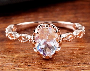 Anillo de compromiso único de piedra lunar natural, anillo delicado sólido de oro rosa de 14 quilates, anillo de boda de piedra lunar de corte ovalado regalo de aniversario para mujeres