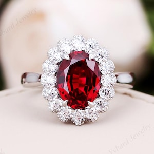 Oval Cut Lab Created Red Ruby Engagement Ring Unique White Gold Moissanite Halo Ring Bridal Ring Art Deco Anniversary Promise Gift For Women