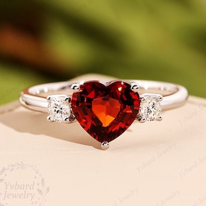 3.35CT Natural Garnet Heart Ring, 14K White Gold Three Stone Ring, Moissanite Accents Engagement Ring, Wedding Gift For Lovers Promise Ring