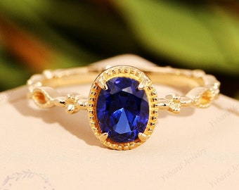 Anillo de compromiso de oro amarillo macizo de 14 quilates con zafiro ovalado creado en laboratorio. Anillo de boda, solitario, regalo de aniversario para mujer. Joyería nupcial.