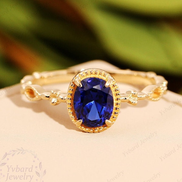 Anillo de compromiso de oro amarillo macizo de 14 quilates con zafiro ovalado creado en laboratorio. Anillo de boda, solitario, regalo de aniversario para mujer. Joyería nupcial.