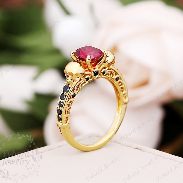 Skull & Snake Scrollwork Ring Ruby Engagement Ring 14K Solid Gold Ring Natural Black Sapphire Ring For Women Statement Ring Halloween Ring