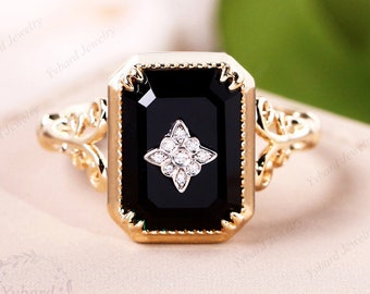 Emerald Cut Natural Black Onyx Ring Vintage Diamond Solid 18K/14K/10K Gold Art Deco Flower Ring Handmade Ring Bridal Anniversary Gift Ring