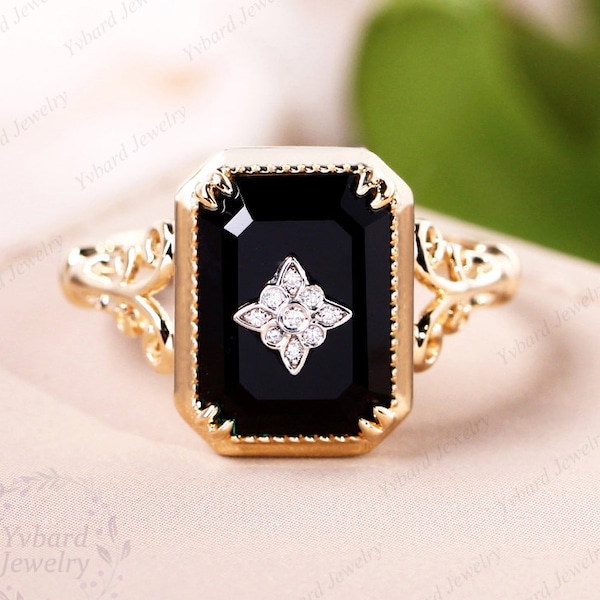Emerald Cut Natural Black Onyx Ring Vintage Diamond Solid 18K/14K/10K Gold Art Deco Flower Ring Handmade Ring Bridal Anniversary Gift Ring