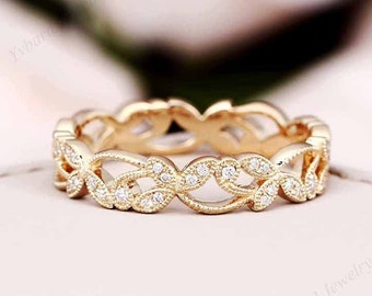 Diamond / Moissanite Anniversary Ring Leaf Milgrain Eternity Ring Vintage Yellow Gold Wedding Band Women Matching Band Bridal Promise Gifts