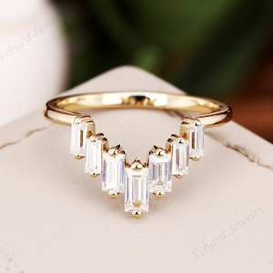 Unique Moissanite Wedding Band Solid 10K/14K/18K Yellow Gold Anniversary Ring Curved Matching Band Crown Ring Chevron Stacking Ring Women