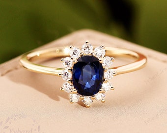 5.5*7mm Brilliant Oval Cut 1.2CT Lab Created Blue Sapphire Center Engagement Ring Princess Diana Style 14KYellow Gold Moissanite Female Ring