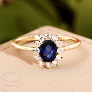 5.5*7mm Brilliant Oval Cut 1.2CT Lab Created Blue Sapphire Center Engagement Ring Princess Diana Style 14KYellow Gold Moissanite Female Ring