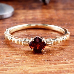Cushion Cut 5*5mm Natural Red Garnet Ring, Solid 14K Yellow Gold Ring, January Birthstone Ring, Dainty Promise Ring, Art Deco Solitaire Ring