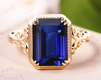 Vintage 8*11mm Emerald Cut Lab Created Blue Sapphire Ring for Women Solid Yellow Gold Engagement Ring Art Deco Bridal Ring Anniversary Gift