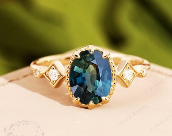 Anello di fidanzamento con zaffiro verde acqua naturale taglio ovale da 6*8 mm, anello di nozze unico in oro massiccio 14K/18K con diamanti, anello con pietra preziosa in zaffiro verde blu, regalo