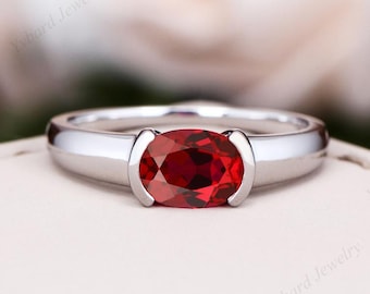 Anillo de compromiso ovalado con rubí rojo de laboratorio, anillo solitario de oro macizo/plata, anillo de promesa minimalista, anillo Art Déco, anillo de aniversario, regalos para ella