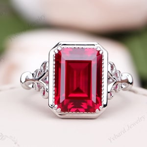 Vintage Red Ruby Engagement Ring Emerald Cut Solitaire Ring Solid White Gold Ring Unique Art Deco Wedding Ring For Women Bridal Promise Ring