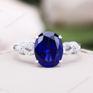 Blue Sapphire Ring Oval Cut Sapphire Engagement Ring 10K/14K/18K Solid White Gold Bridal Ring September Birthstone Anniversary Ring Gift