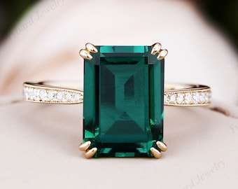 8*11mm Emerald Cut Lab Created Emerald Ring Solid Yellow Gold Engagement Ring Moissanite Bridal Wedding Promise Ring May Birthstone Ring