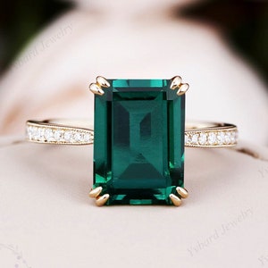 8*11mm Emerald Cut Lab Created Emerald Ring Solid Yellow Gold Engagement Ring Moissanite Bridal Wedding Promise Ring May Birthstone Ring