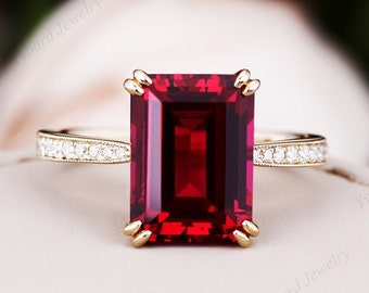 8*11mm Emerald Cut Lab Created Ruby Ring Solid 14K/18K Yellow Gold Engagement Ring Moissanite Bridal Wedding Promise Ring Red Gemstone Ring