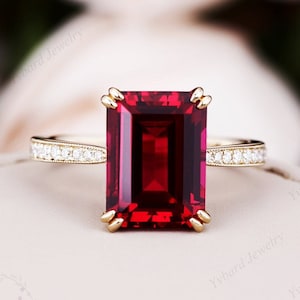 8*11mm Emerald Cut Lab Created Ruby Ring Solid 14K/18K Yellow Gold Engagement Ring Moissanite Bridal Wedding Promise Ring Red Gemstone Ring