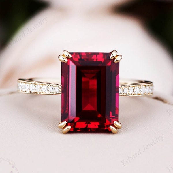 8 * 11mm Emerald Cut Lab Créé Anneau Rubis Solide 14K / 18K Or Jaune Bague de Fiançailles Moissanite Anneau de Promesse de Mariage Anneau de Pierres Précieuses Rouge