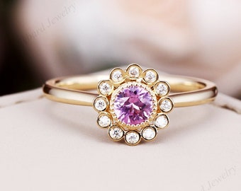 Round Natural Pink Sapphire Engagement Ring Solid 14K/18K Yellow Gold Diamond Ring Wedding Anniversary Gemstone Ring Art Deco Floral Ring