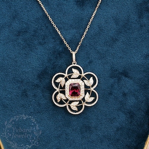 Radiant Cut 3.8ct Natural Garnet Pendant Necklace Solid 14K Yellow Gold Necklace Art Deco Leaf Necklace Red Gemstone Wedding Bridal Jewelry