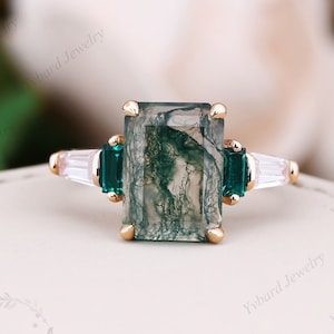 Emerald Cut Natural Moss Agate Engagement Ring Solid Rose Gold Vintage Moissanite Bridal Ring Emerald Promise Ring For Women Anniversary