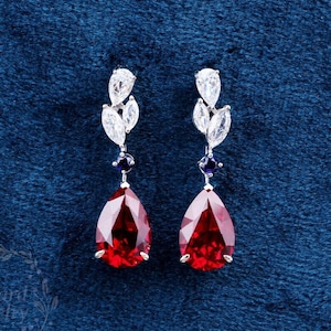 Pear Red Ruby Drop Earrings Solid White Gold Teardrop Earrings For Women Moissanite Wedding Earrings Art Deco Dangle Earring Brithday Gift