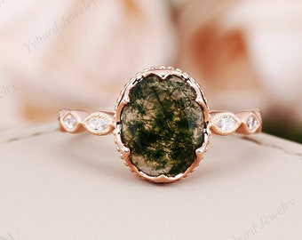 Vintage 3.15ct Moss Agate Engagement Ring Oval Cut Art Deco Milgrain Moissanite Ring Rose Gold Ring Unique Promise Anniversary Ring Gifts