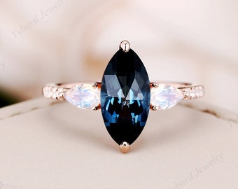 Marquise Rose Cut London Blue Topaz Engagement Ring Solid Rose Gold Ring Moonstone Ring For Women Unique Topaz Ring Birthstone Ring Gift