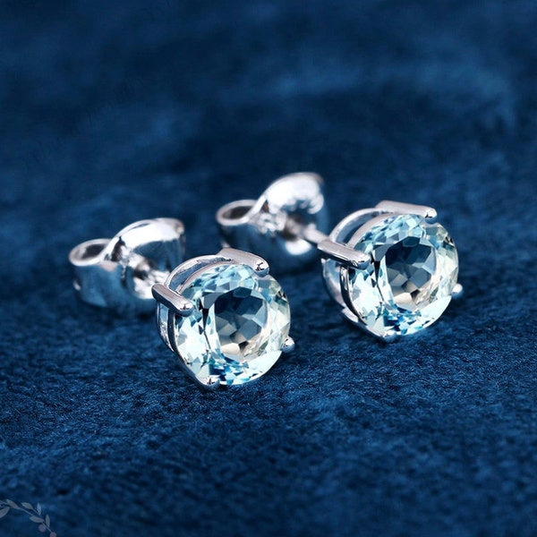 6mm Natural Aquamarine Stud Earrings Solid 14K/18K White Gold Earrings Anniversary Gift Bridal Earrings March Birthstone Gemstone Earring