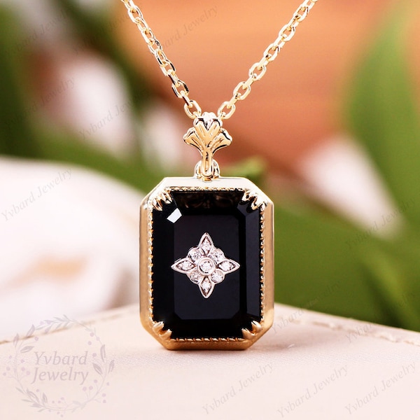Vintage Black Onyx Pendant Necklace, Pave Set Diamond Pendant, Natural Black Agate 14K Solid Gold Necklace,Art Deco Flower Necklace Gift