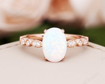 White Opal Engagement Ring 10K/14K/18K Rose Gold Engagement Promise Rng Art Deco Moissaite Wedding Promise Ring Anniversary Gift For Her