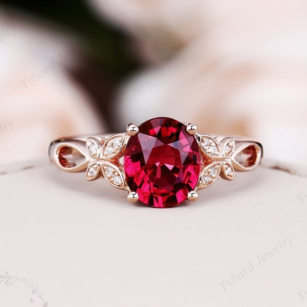 Oval Cut Red Ruby Ring Solid Rose Engagement Gold Lab Created Ruby Ring Art Deco Unique Butterfly Ring Moissanite Wedding Bridal Ring Gift