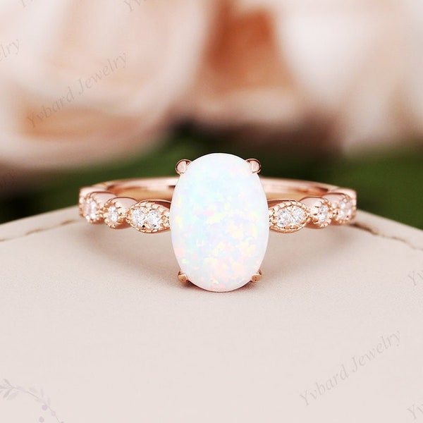 Weißer Opal Verlobungsring 10K/14K/18K Roségold Verlobungsversprechen Rng Art Deco Moissait Hochzeitsversprechen Ring Jahrestag Geschenk für Sie