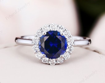 Round Blue Sapphire Engagement Ring Solid White Gold Halo Moissanite Bridal Ring Anniversary Promise Ring Women Gift September Birthstone